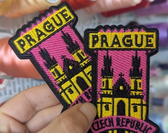 "Trip to Prague" Czech Republic embroidered patch. Sew or iron on. Price per piece. 8.5cm x 5cm.