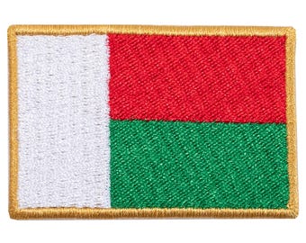 "Flag of Madagascar" embroidered patch. Sew-on or iron-on. Various designs and sizes.