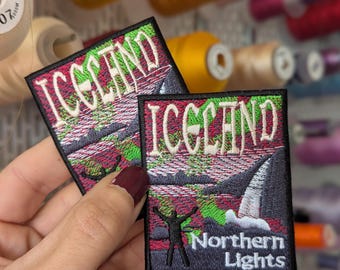 "Travel to Iceland" embroidered patch. To sew or iron on. Price per unit. Own design. 7cm x 5'5cm.