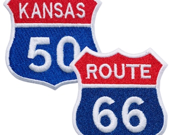 "ROUTE 66 / KANSAS 50 ROUTE. United States" embroidered patch. To sew or iron on. 7'5cm.
