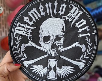 "Memento Mori" embroidered patch. Sew or iron on. Choose your size and color. Custom design.