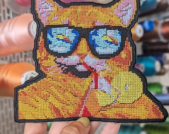 Cat cross-stitch embroidered patch. Custom design. 15 cm. Sew-on or iron-on. Price per piece.