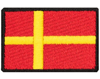 "Flag of Scania, Sweden" embroidered patch. Sew-on or iron-on. Custom design. 6cm x 4cm.