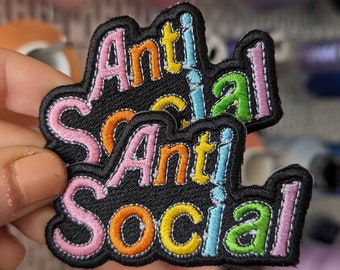 Antisocial embroidered patch. Sew or iron on.