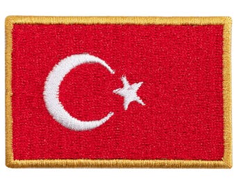 Embroidered patch of the Turkish flag. Sew-on or iron-on. Various designs and sizes to choose from.