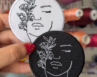 "Woman with flower tattoo" embroidered patch. Old school. Iron-on or sew-on. 7cm. Custom design.