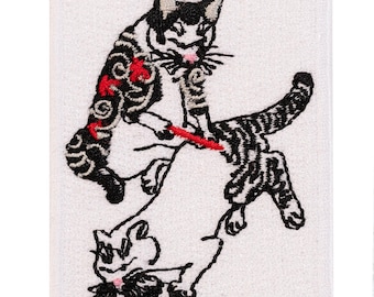 "Japanese Cat Tattoo" embroidered patch. Sew-on or iron-on. 7cm x 5.5cm.