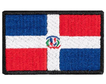 Embroidered patch of the Dominican Republic flag. Sew-on or iron-on. Various designs to choose from.