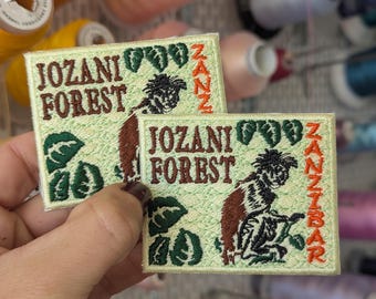 Jozani forest embroidered patch. Zanzibar. Own design. Price per unit. To sew or iron on. 7cm x 5'5cm.