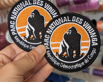 "Virunga National Park" embroidered patch, Democratic Republic of the Congo. Iron-on or sew-on. 8 cm. Custom design.