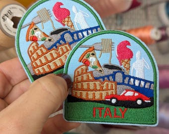 "Trip to Italy" embroidered patch. Sew-on or iron-on. Price per piece. 6cm x 6.5cm.