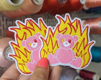 Little Bear on Fire embroidered patch. Pink. Sew-on or iron-on. Custom design. 8cm.