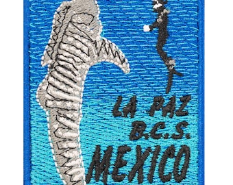 Embroidered patch Diving with sharks. La Paz Mexico. To sew or iron. 7cm x 5'5cm.