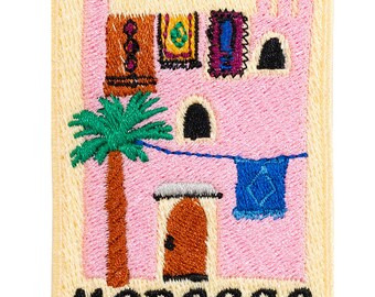 "I remember my trip to Morocco" embroidered patch. To sew or iron on. Own design. 7cm x 5'5cm.