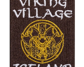 Viking Village embroidered patch, a souvenir from a trip to Iceland. Sew or iron on.