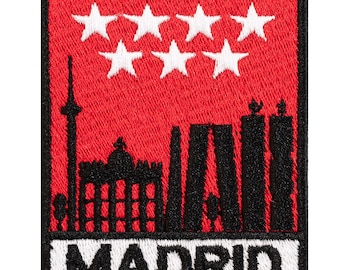 Embroidered patch as a souvenir of a trip to Madrid, Spain. Sew-on or iron-on. 7 cm x 5.5 cm. Custom design.