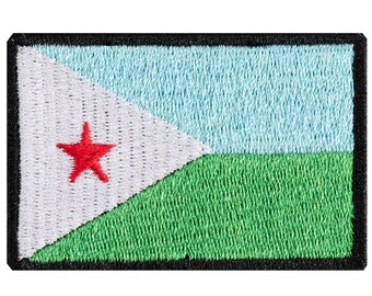 Djibouti flag embroidered patch. Sew-on or iron-on. Various designs to choose from.