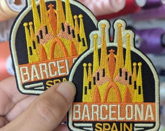 "Trip to Barcelona" embroidered patch. Sew-on or iron-on. Price per piece. 8.5 cm x 6 cm.