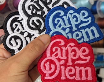 "Carpe Diem" embroidered patch. Sew or iron on. 8cm. Custom design. Various colors to choose from.