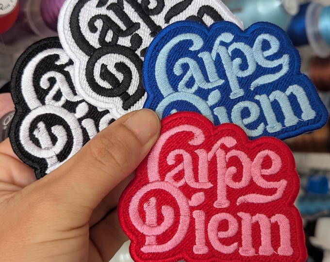 Featured listing image: "Carpe Diem" embroidered patch. Sew or iron on. 8cm. Custom design. Various colors to choose from.