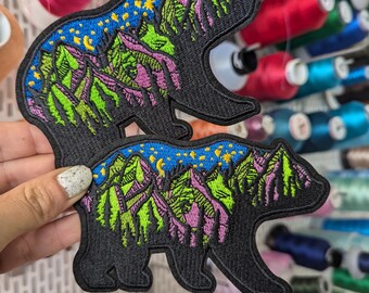 Mountain Bear Embroidered Patch. 13cm. Price per unit. Perfect for backpacks.