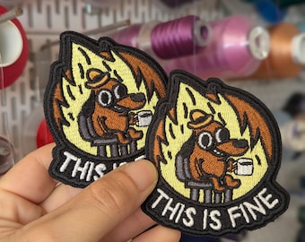 Embroidered patch with the meme "This is fine". 8cm. With Velcro. Price per unit. Perfect for backpacks.