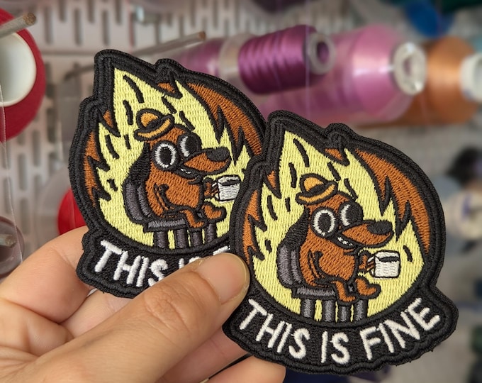 Featured listing image: Meme This Is Fine embroidered patch. 8cm. With Velcro. Priced per unit. Perfect for backpacks.