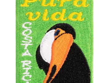 Pura Vida embroidered patch, a souvenir from a trip to Costa Rica. Sew-on or iron-on. Custom design.