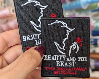 "Beauty and the Beast. MUSICAL" embroidered patch. To sew or iron on. 7cm x 5'5cm. Price per unit. Own design.