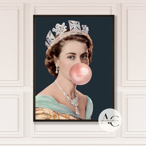 Queen Elizabeth Portrait Print, Bubblegum Wall Art, HRH Poster, INSTANT DOWNLOAD