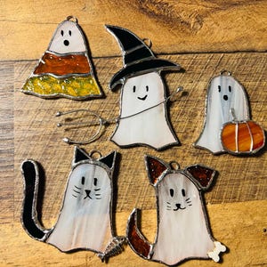 Stained Glass Ghost Suncatcher – Witch, Candy Corn, Cat, devil, or Dog Design