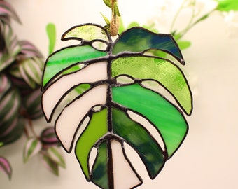 Handcrafted Monstera Leaf Stained Glass Suncatcher.