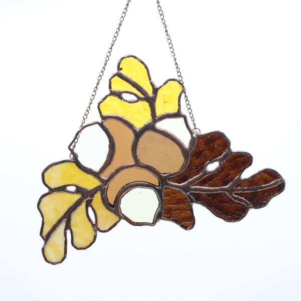 Handmade oak leaves and acorns fall stained glass suncatchers