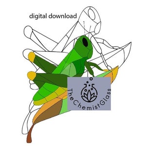 May include: A green grasshopper with yellow accents sits on a brown and orange leaf. The grasshopper is outlined in black, and the leaf is outlined in black. The image is a digital download from The Chemist Glass.