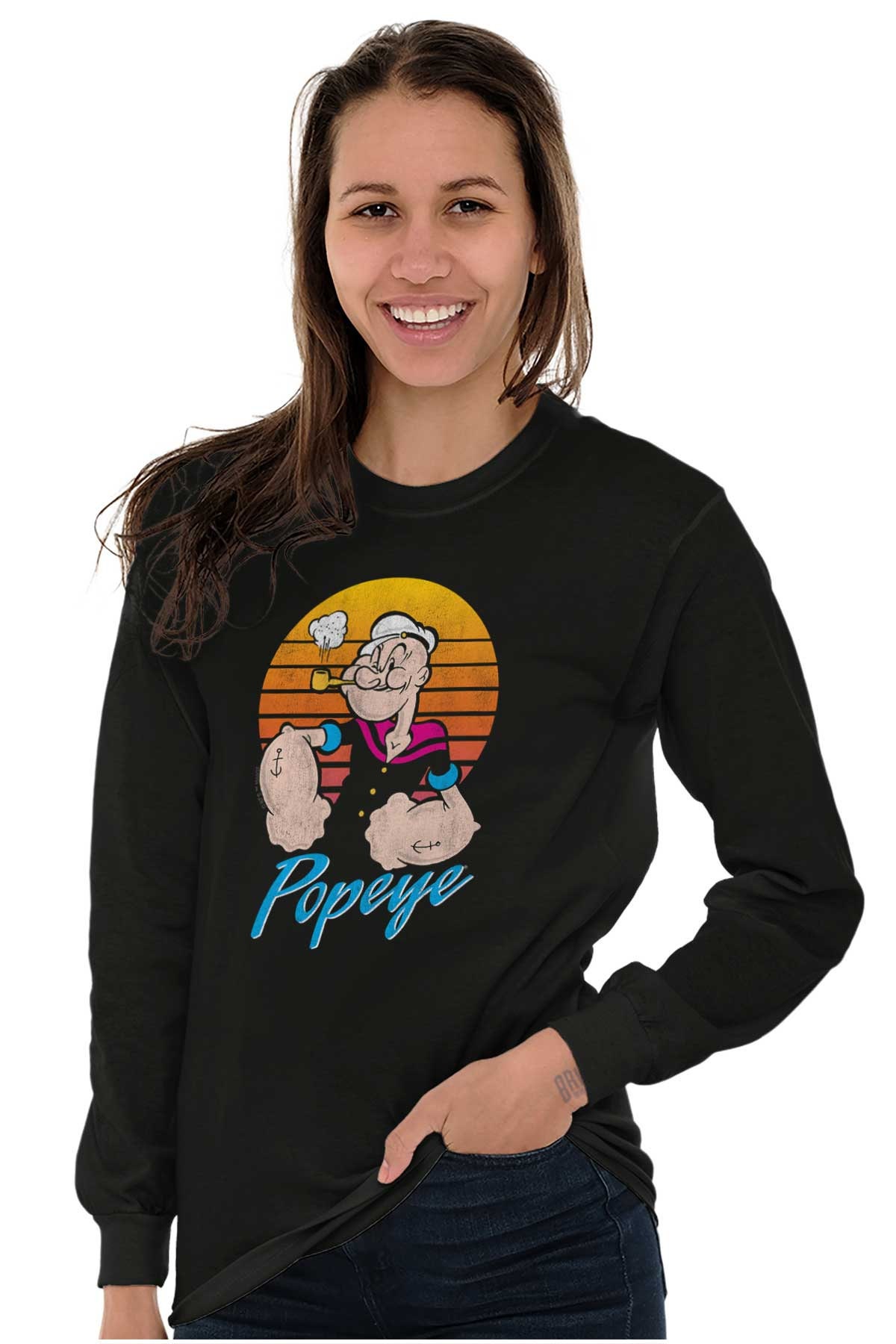 Retro Sunset Popeye the Sailor Man Cartoon Long Sleeve Tshirt for