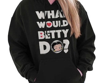 May include: Black hooded sweatshirt with white text that reads "What Would Betty Do?" with a cartoon image of Betty Boop with a wink and a heart.