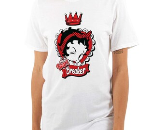 May include: White t-shirt with a red heart, crown, and a cartoon image of Betty Boop with the text "Miss Heart Breaker".