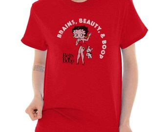 May include: Red short-sleeved t-shirt with a white graphic of Betty Boop and the text "Brains, Beauty, & Boop" and "Betty Boop" in black.
