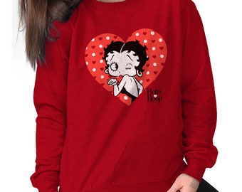 May include: Red sweatshirt with a cartoon image of Betty Boop blowing a kiss inside a red heart with white polka dots. The text "Betty Boop" is printed below the heart.