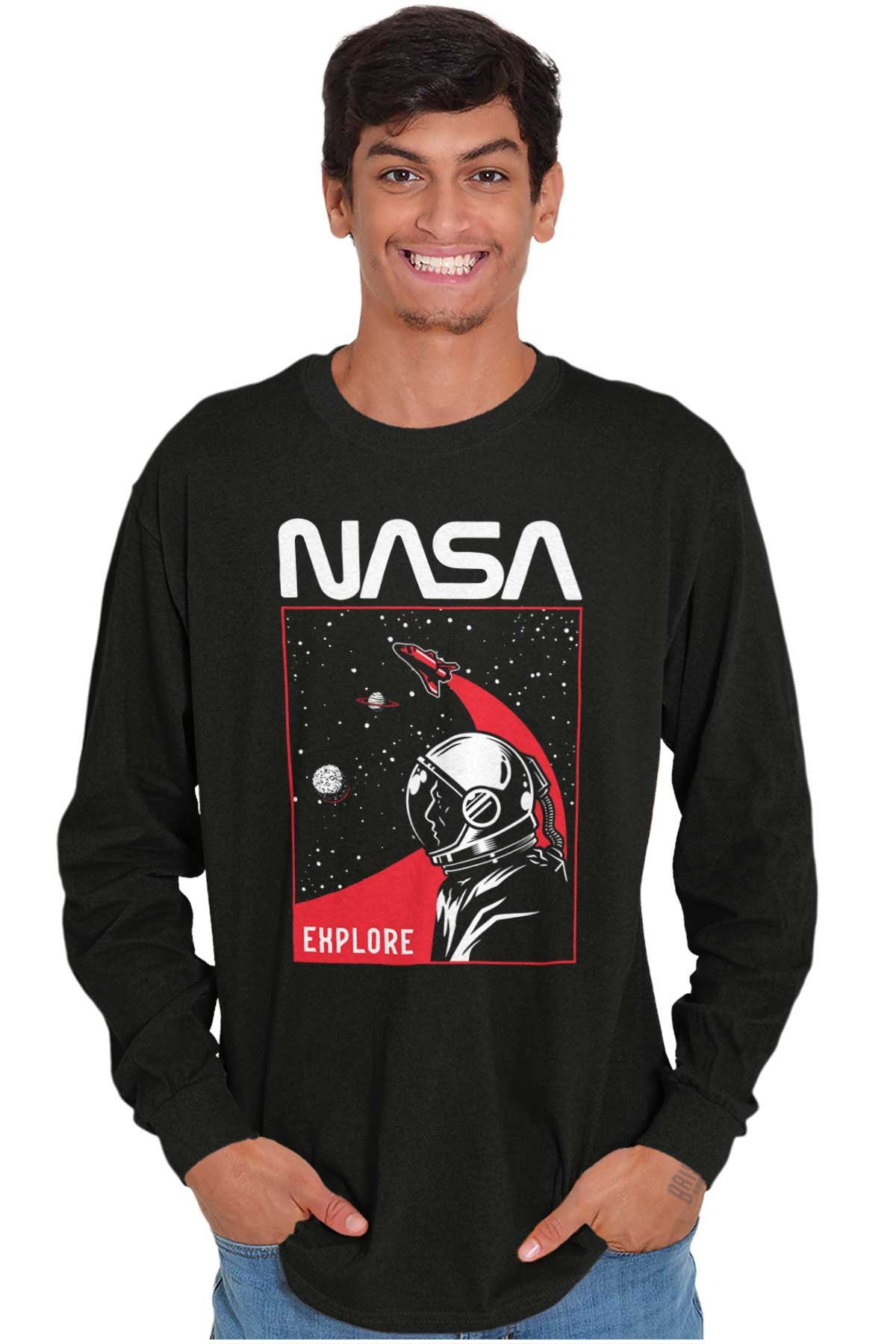 NASA Astronaut Space Explorer Worm Logo Gift Long Sleeve Tshirt for Men ...