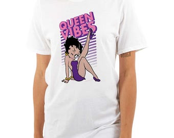 May include: White t-shirt with a pink and purple graphic of Betty Boop with the text "Queen Vibes".