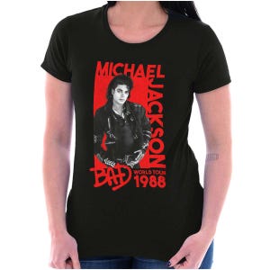 May include: Black t-shirt featuring a red graphic of Michael Jackson with the text "MICHAEL JACKSON BAD WORLD TOUR 1988". The image shows a portrait of Michael Jackson in a black leather jacket.