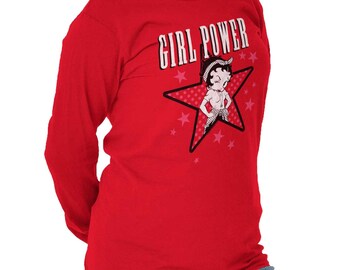May include: Red long-sleeve t-shirt with a cartoon image of Betty Boop in a star with pink polka dots. The text "Girl Power" is printed above the star.