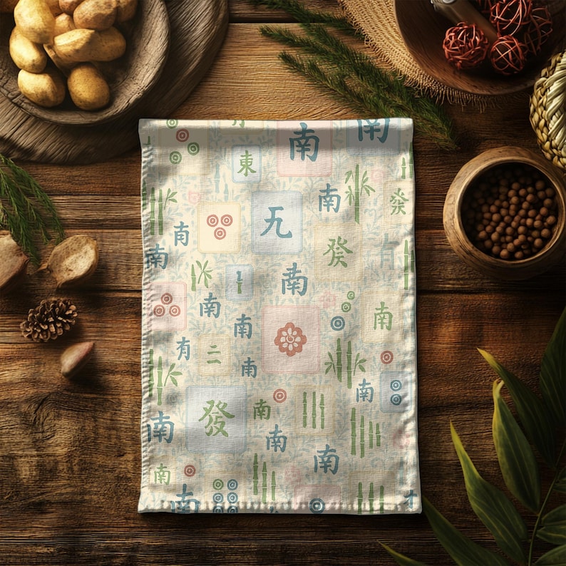 Chinoiserie Mahjong print tea towel laid flat on a rustic wooden table