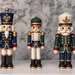Könnte beinhalten: Drei dekorative Nussknacker-Figuren in einer Reihe. Die linke Figur trägt eine blaue Uniform mit goldenen Akzenten und einer Lilie. Die mittlere Figur ist weiß und grün mit goldenen Knöpfen. Die rechte Figur trägt einen grünen Mantel und Hut.