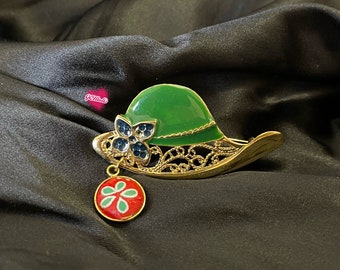 hat brooch, colorful brooch, lady's hat, green hat brooch, breast pin, Christmas hat