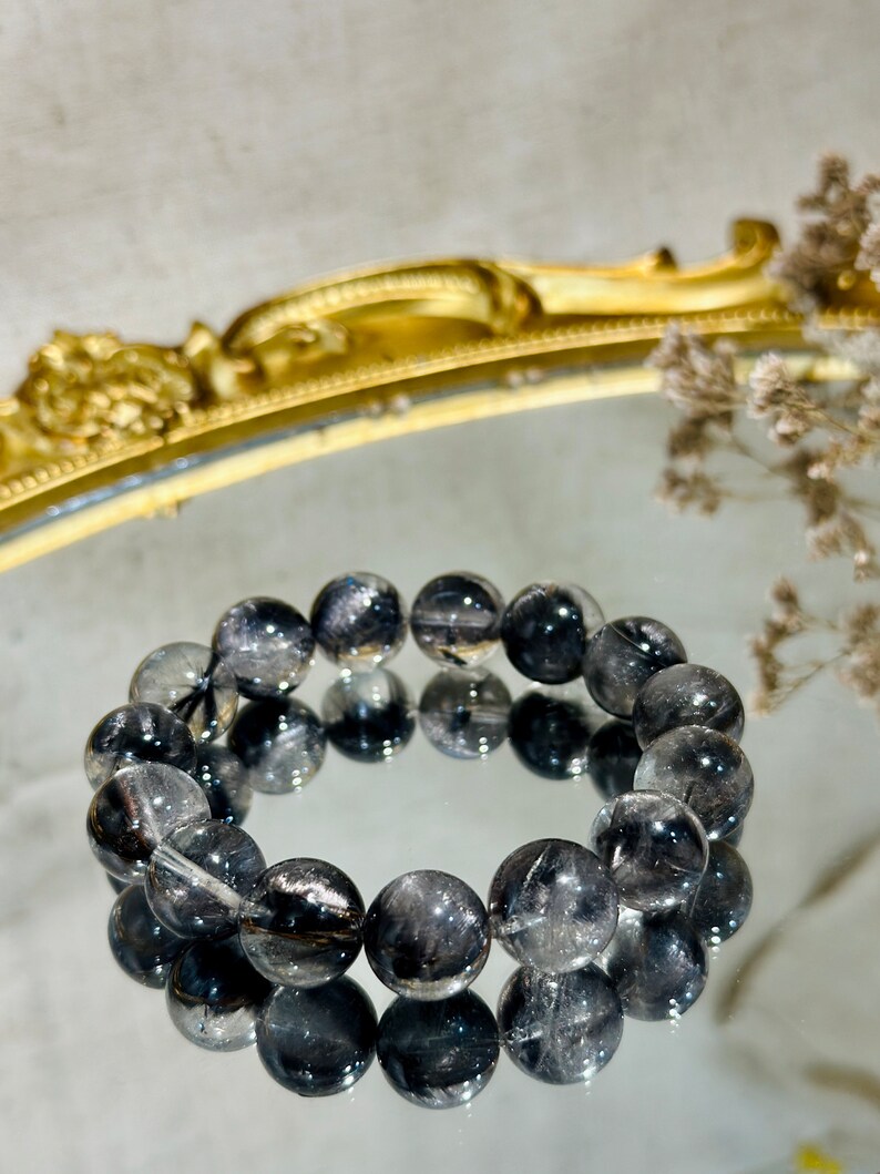 13.5mm Excellent Quality Brookite in Quartz Bracelet 13.5咪天然高品质黑银钛圆珠手串 image 6