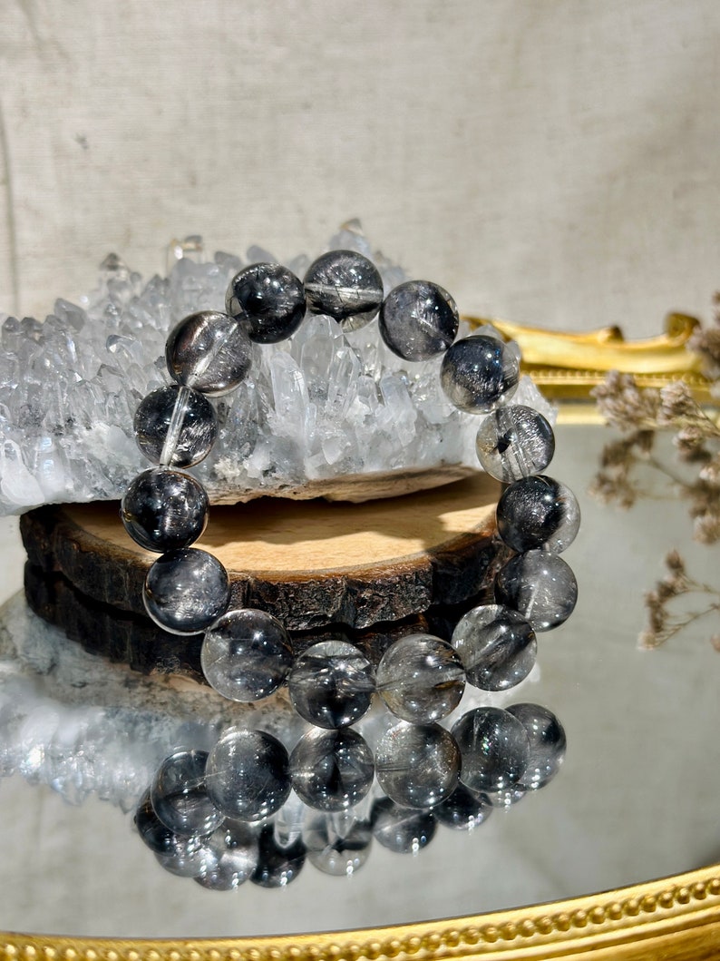 13.5mm Excellent Quality Brookite in Quartz Bracelet 13.5咪天然高品质黑银钛圆珠手串 image 2