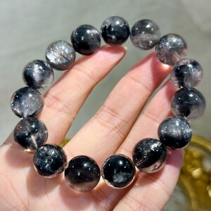 13.5mm Excellent Quality Brookite in Quartz Bracelet 13.5咪天然高品质黑银钛圆珠手串 image 10