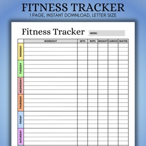 May include: A printable fitness tracker with a black and white grid layout. The tracker includes columns for workout, sets, reps, weight, cardio, and water. The days of the week are listed on the left side of the page, with a space for weekly goals at the bottom.